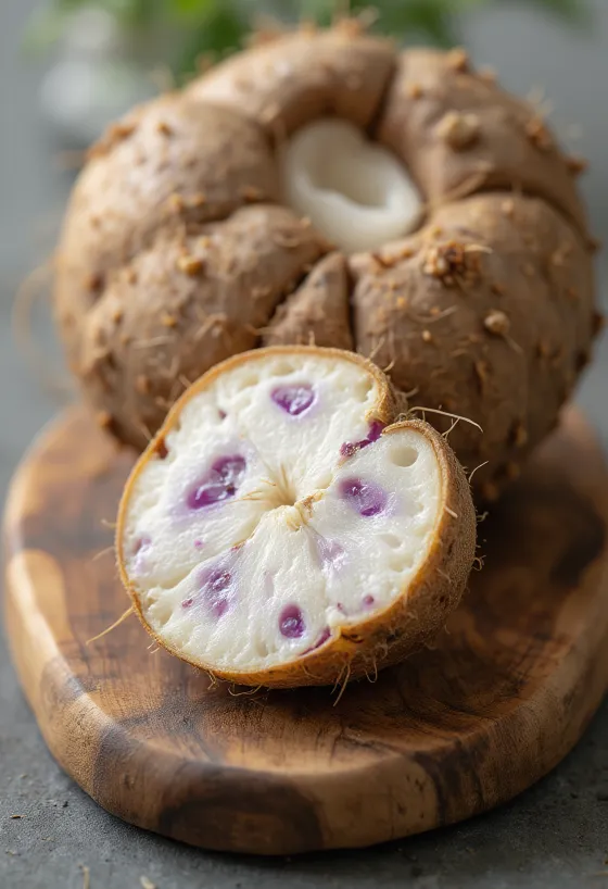Szeletelt táró gyökér (taro root) a vágódeszkán, friss gyökérzöldségekkel körülvéve