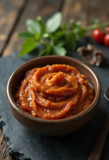 Vörös curry paszta kis üvegben, gazdag piros színben, körülötte fűszerek, mint szárított piros chili, fokhagyma és salotta