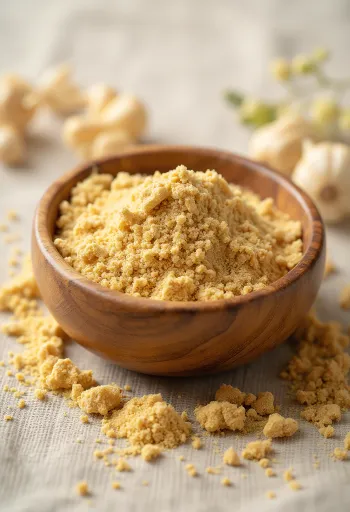Ashwagandha por kis üvegben, földes barna színben, körülötte friss ashwagandha gyökerek