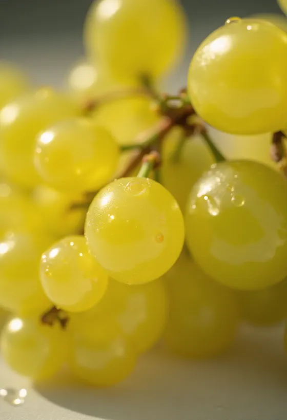 Csabagyöngye szőlő szoros képe, friss és lédús bogyókkal, zöldes-sárga héjjal