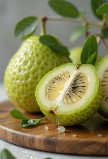 Feijoa gyümölcs, zöld héj és lédús belső