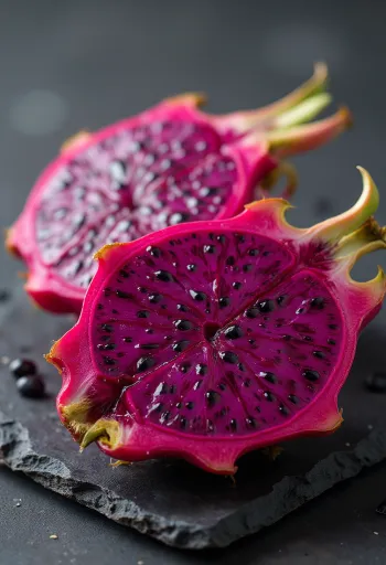 Sárkánygyümölcs (pitahaya) piros húsú bogyók, élénk rózsaszín és fekete magok