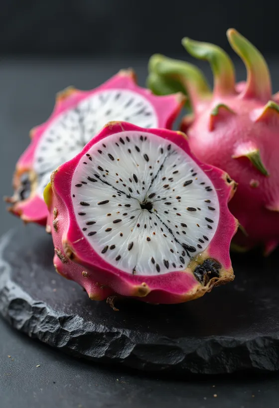 Sárkánygyümölcs (pitahaya) fehér húsú bogyók, élénk fehér és fekete magok