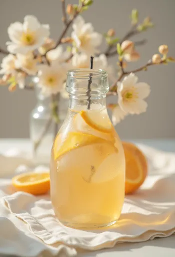 Narancsvirágvíz üvegben, narancsvirágokkal, tea és édesség mellett