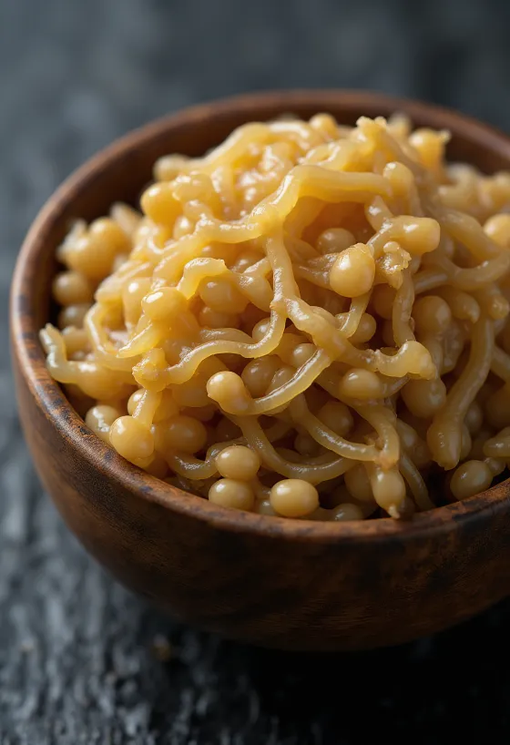 Natto fermentált szójabab tálban, ragacsos textúrával, fakanállal
