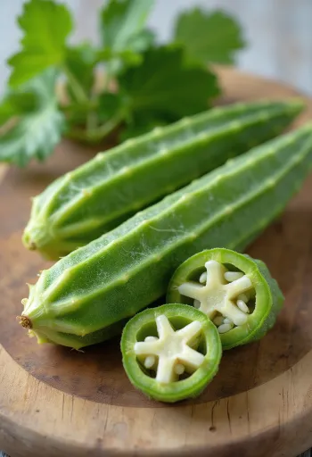Friss okra hüvelyek, szeletelve és egészben vágódeszkán