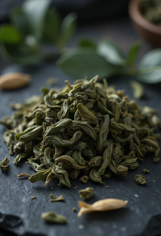 Oolong tea szálas formában, tálban és kiszórva konyhai felületen
