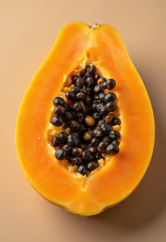 Friss, felszeletelt papaya fa felületen fekete magokkal