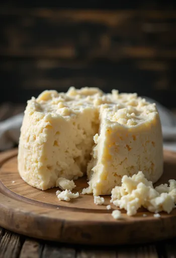 Friss Pecorino sajt juhtejből fehér kerámia tálban, fa asztalon
