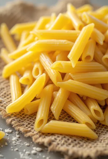 Száraz penne tészta bordázott felülettel, fából készült háttéren
