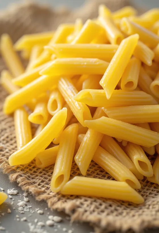 Száraz penne tészta bordázott felülettel, fából készült háttéren