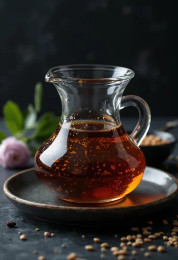 Pirított szezámmag olaj sötét üvegben, mellette tálkában és pirított szezámmaggal