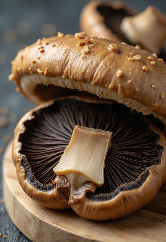 Friss portobello gombák vágódeszkán, grillezésre előkészítve olívaolajjal és rozmaringgal