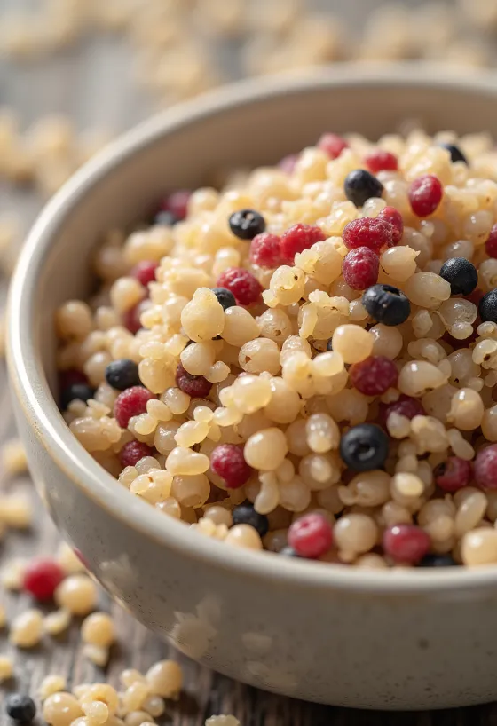 Nyers quinoa magok keveréke kerámiatálban, fa felületen