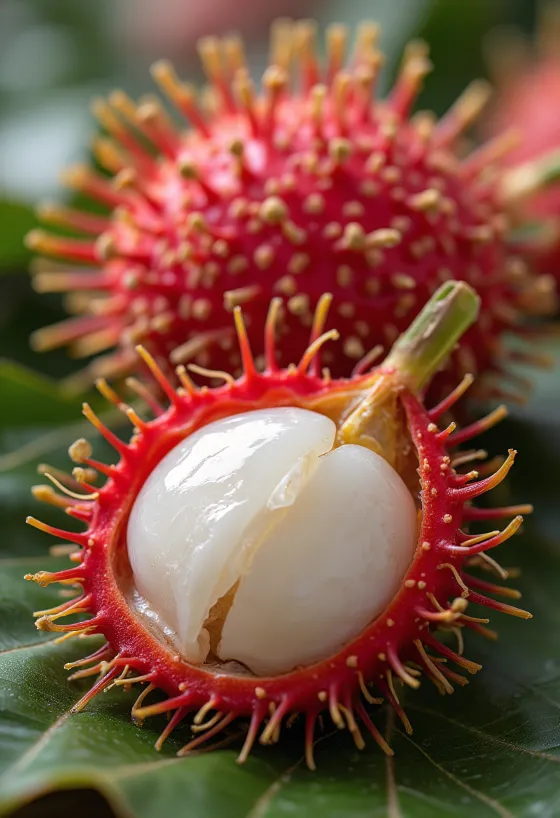 Egész és félbevágott rambutan gyümölcs vörös, szőrös héjjal és fehér belső hússal