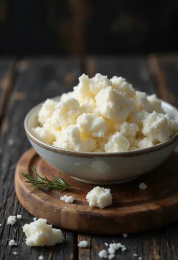 Friss ricotta sajt egy fehér kerámia tálban, fa asztalon