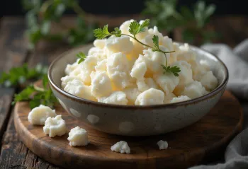 Friss ricotta sajt egy fehér kerámia tálban, fa asztalon