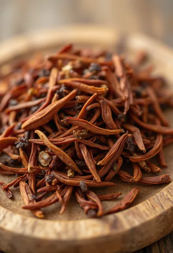 Rooibos tea szálas, vöröses levelek formájában, tálban és kiszórva konyhai felületen