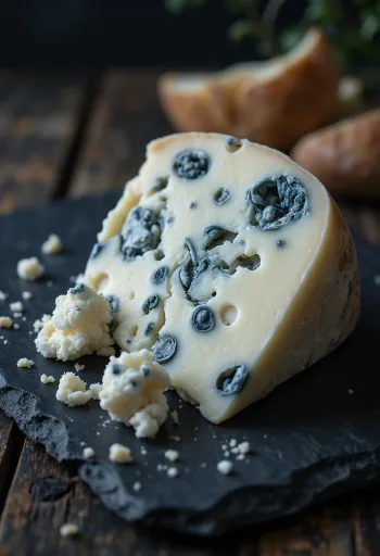 Friss Roquefort kéksajt egy fehér kerámia tálban, fa asztalon