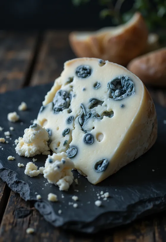 Friss Roquefort kéksajt egy fehér kerámia tálban, fa asztalon