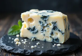 Friss Roquefort kéksajt egy fehér kerámia tálban, fa asztalon