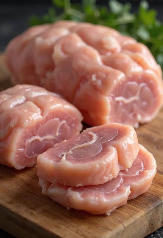 Szeletelt és pácolt seitan darabok fa felületen, tálban és vágódeszkán
