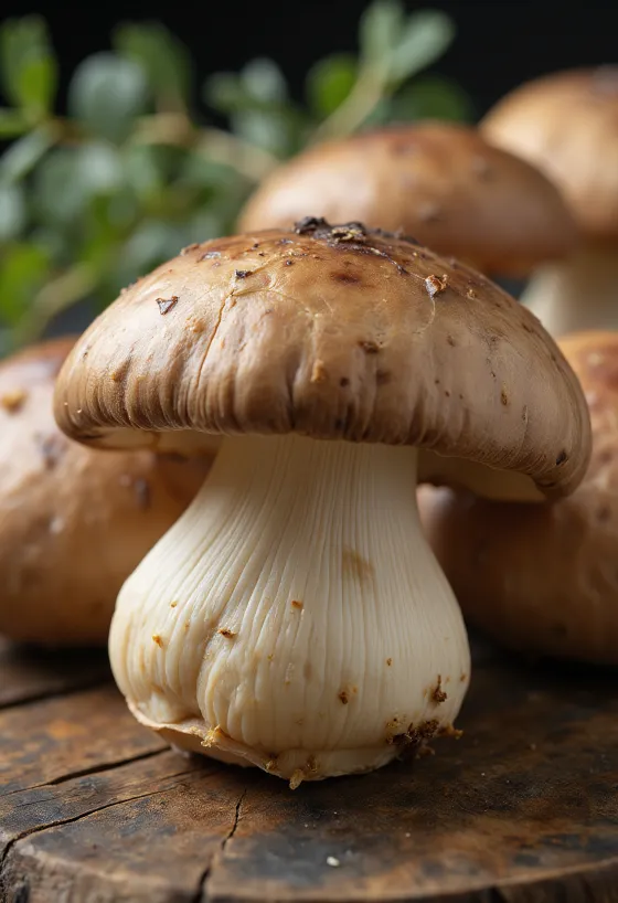 Friss shiitake gomba bambusz vágódeszkán szójaszósszal és gyömbérrel