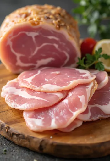 Szeletelt nyers sonka egy fa vágódeszkán, márványozott zsírral