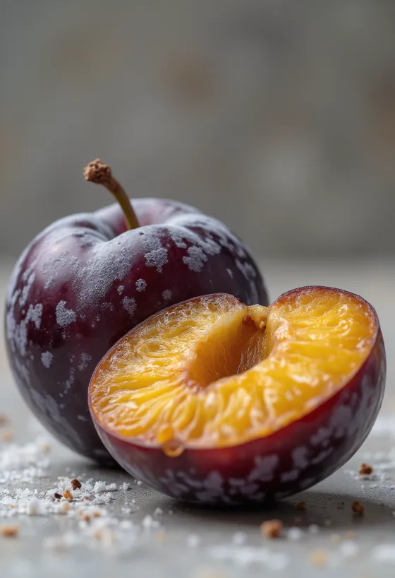 Friss lila szilvák félbevágva és egészben, házi lekvárral rusztikus asztalon