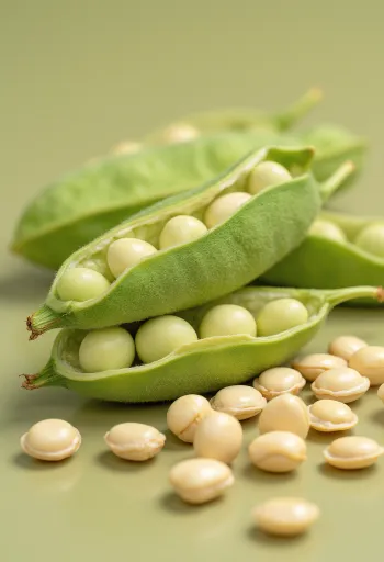 Szója bab kerámia tálban és szétszórva faasztalon, edamame hüvelyekkel és levelekkel