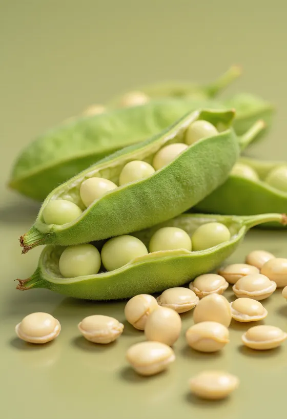 Szója bab kerámia tálban és szétszórva faasztalon, edamame hüvelyekkel és levelekkel