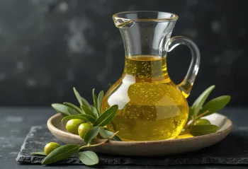 Szűz olívaolaj kis üvegtálkában, aranysárga színben, olívabogyókkal és levéllel díszítve