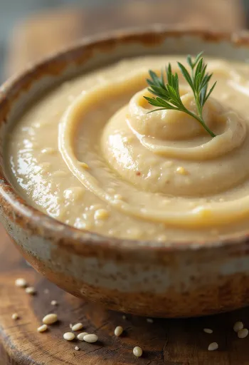 Krémes tahini paszta tálban, mellette szezámmagok