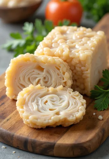 Szeletelt tempeh darabok fa felületen, grillezett tempeh tányéron