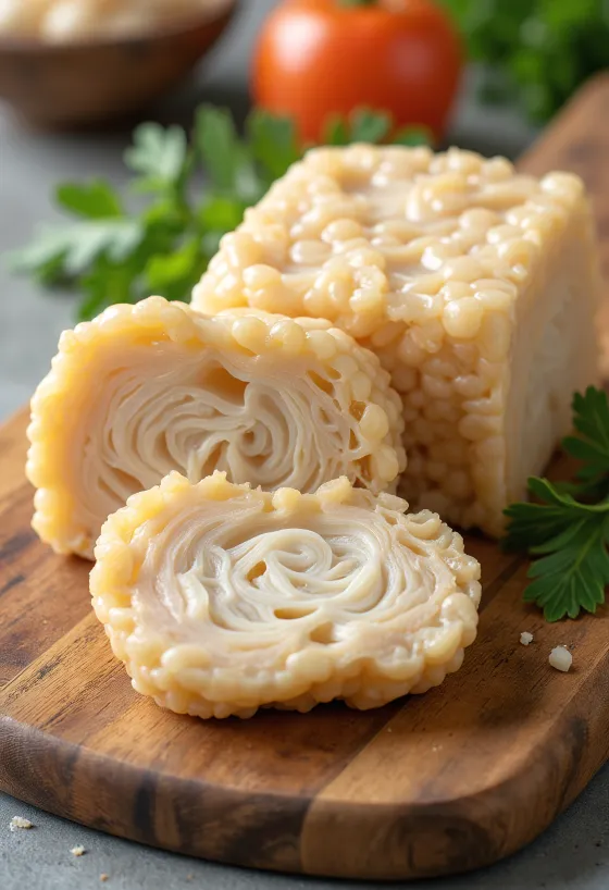 Szeletelt tempeh darabok fa felületen, grillezett tempeh tányéron