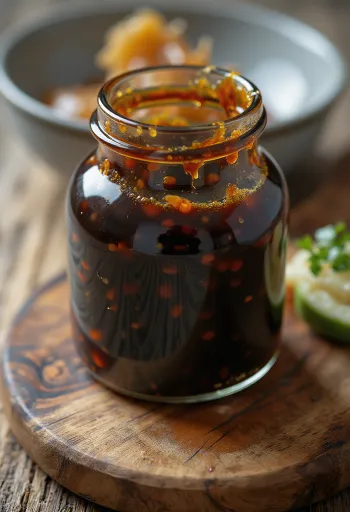 Fényes, sötétbarna teriyaki szósz kerámiatálban, mellette szójaszósz, mirin, sake és barna cukor kis tálakban