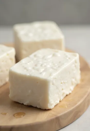 Friss tofu kockák szója és szójatej társaságában fából készült deszkán