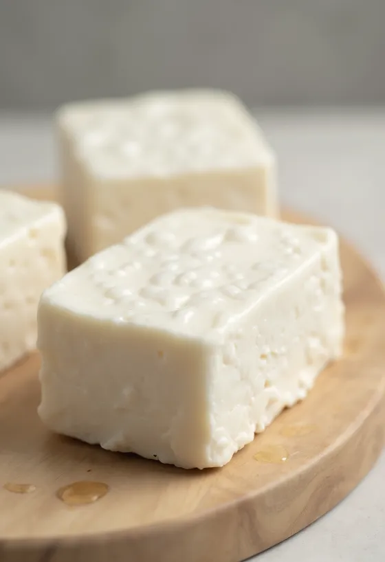 Friss tofu kockák szója és szójatej társaságában fából készült deszkán