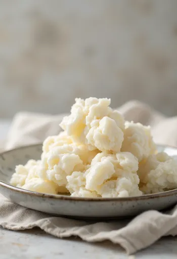 Friss, fehér tehéntúró egy kerámia tálban, fa felületen