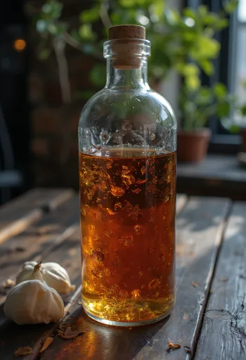 Egy üveg vörös vermut és egy pohár a rusztikus asztalon, fűszerekkel és olívával