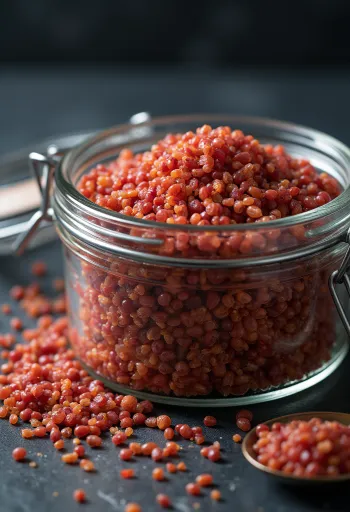 Szárított vörös quinoa magok, részletes textúrával és természetes színekkel