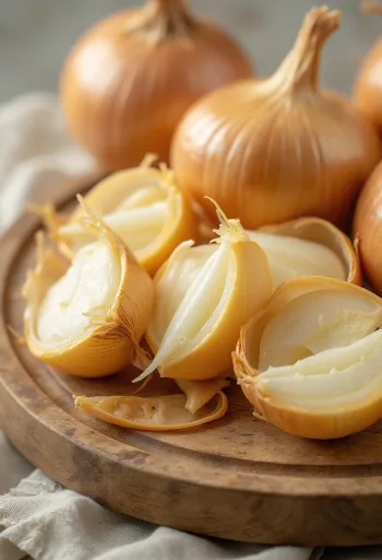 Egész és szeletelt vöröshagyma rusztikus felületen