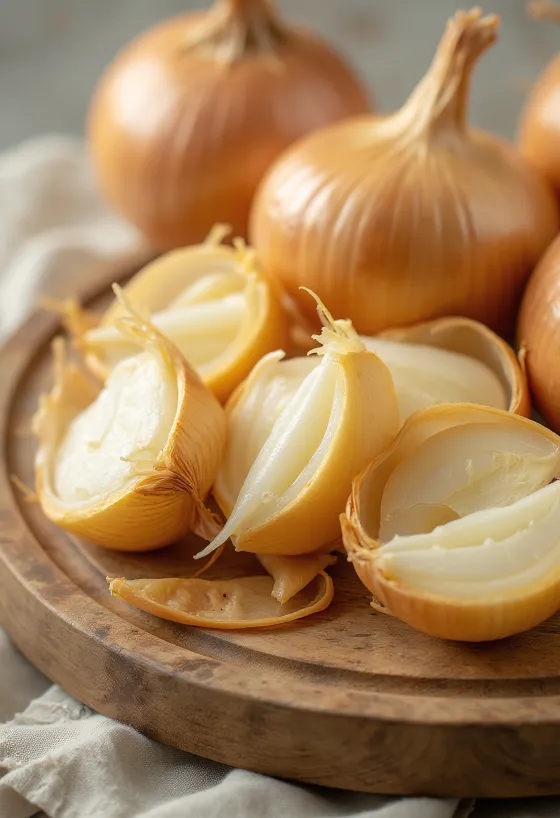 Egész és szeletelt vöröshagyma rusztikus felületen