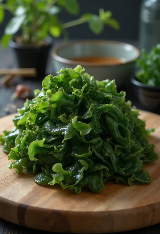 Szárított wakame alga fa felületen és egy kis tálban elhelyezve