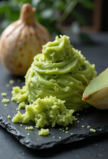 Friss wasabi gyökér és zöld wasabi paszta fa felületen, tálban és reszelőn