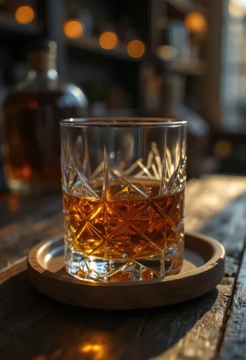 Whiskey üveg és pohár árpával és tölgyfával rusztikus asztalon
