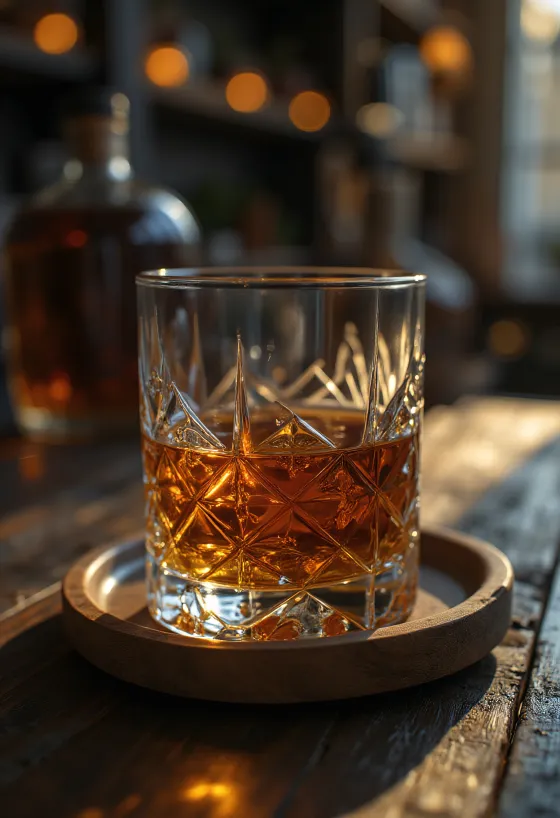 Whiskey üveg és pohár árpával és tölgyfával rusztikus asztalon