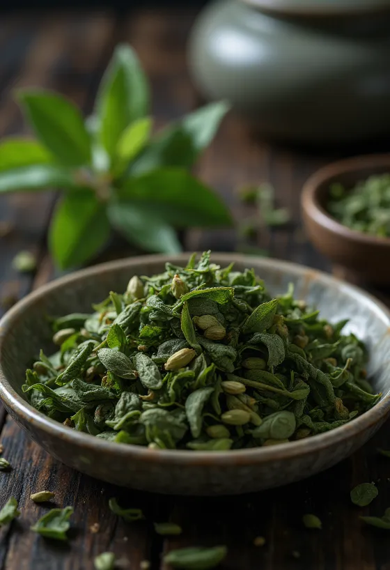 Szálas zöld tea levelek tálban, fakanállal, konyhai felületen szórva