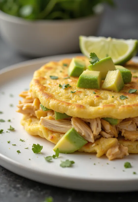 Arepa con Pollo koreai stílusú étel tálalva