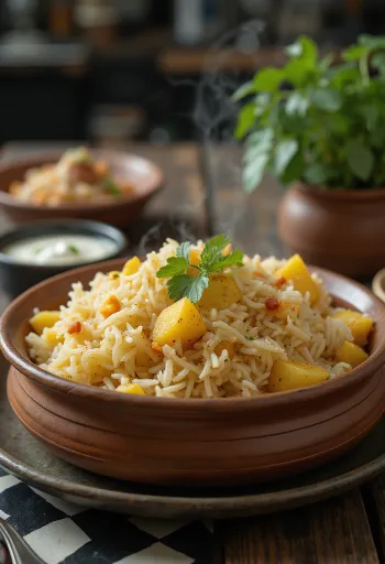 Biryani burgonyával, fűszeres rizs és burgonya tálban tálalva
